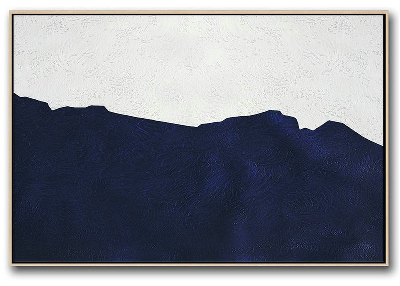 Art Work,Horizontal Abstract Painting Navy Blue Minimalist Painting On Canvas,Big Canvas Painting